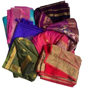 Lot of 6 Indian Sarees Dupattas Silk Georgette Zari Embroidery Peacock Floral